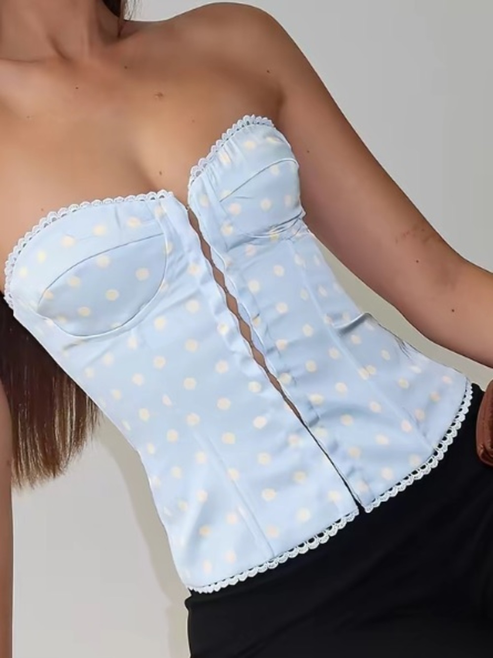 NWT Princess Polly Jazzy Strapless Corset Top Blue/Lemon Polka Dot